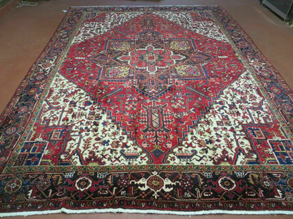 Wonderful Persian Heriz Rug 8.6 x 11, Geometric Heriz Carpet, Semi Antique Decorative Area Rug, Red Ivory Dark Blue Handmade Wool Room Sized