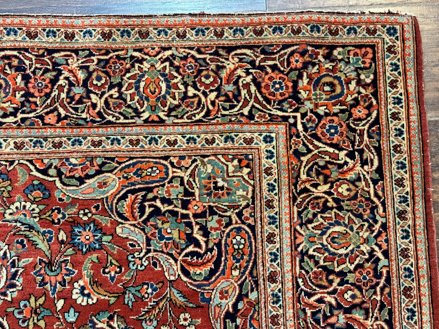 Persian Kashan Rug 4x7, Red and Navy Blue, Floral Antique Carpet