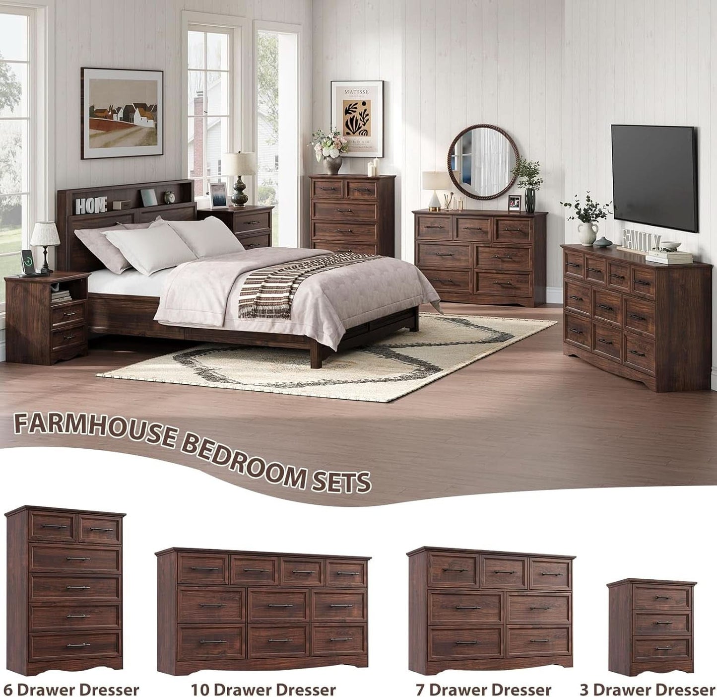 Walnut Farmhouse Dresser 7 Drawers Metallic Handles
