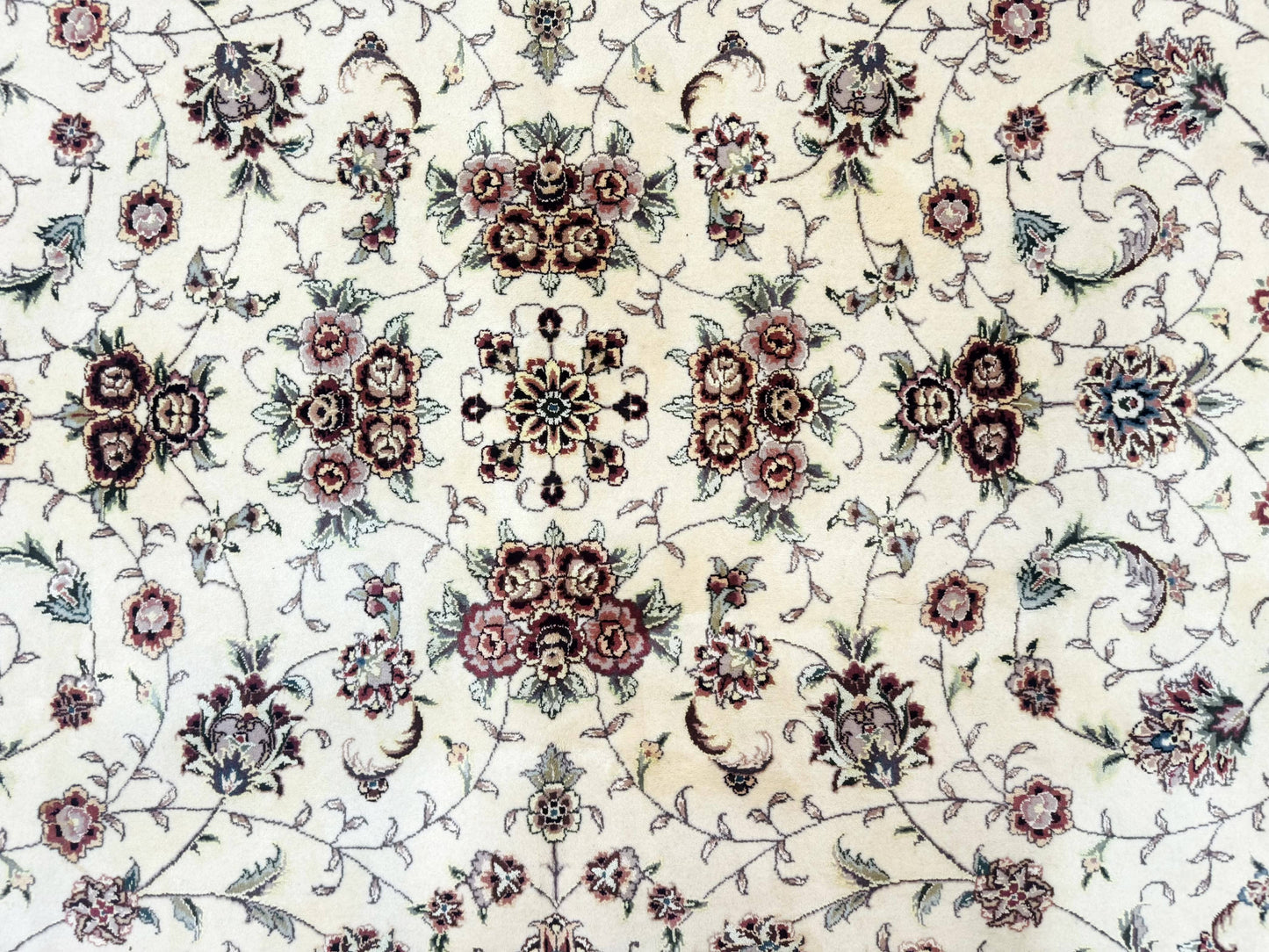 Sino Persian Rug 9x12, Floral Allover Design, 170 KPSI, Ivory and Dark Maroon
