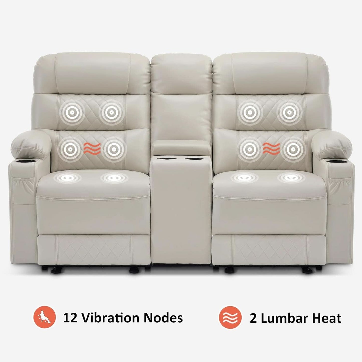 Power Recliner Loveseat With Console And Heat Vibration USB Light Grey