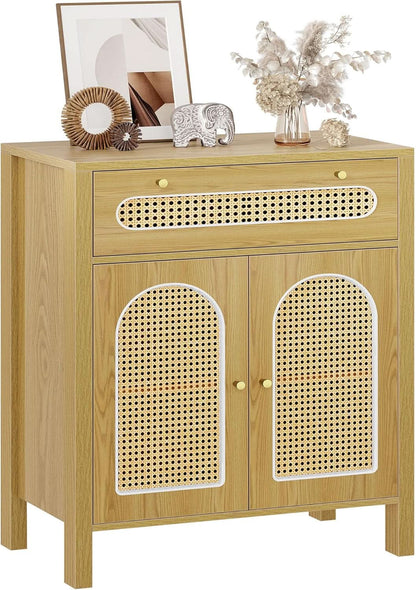 Two Piece Rattan Accent Sideboard Buffet Cabinet With Large Drawers 36 Inch High Natural Finish