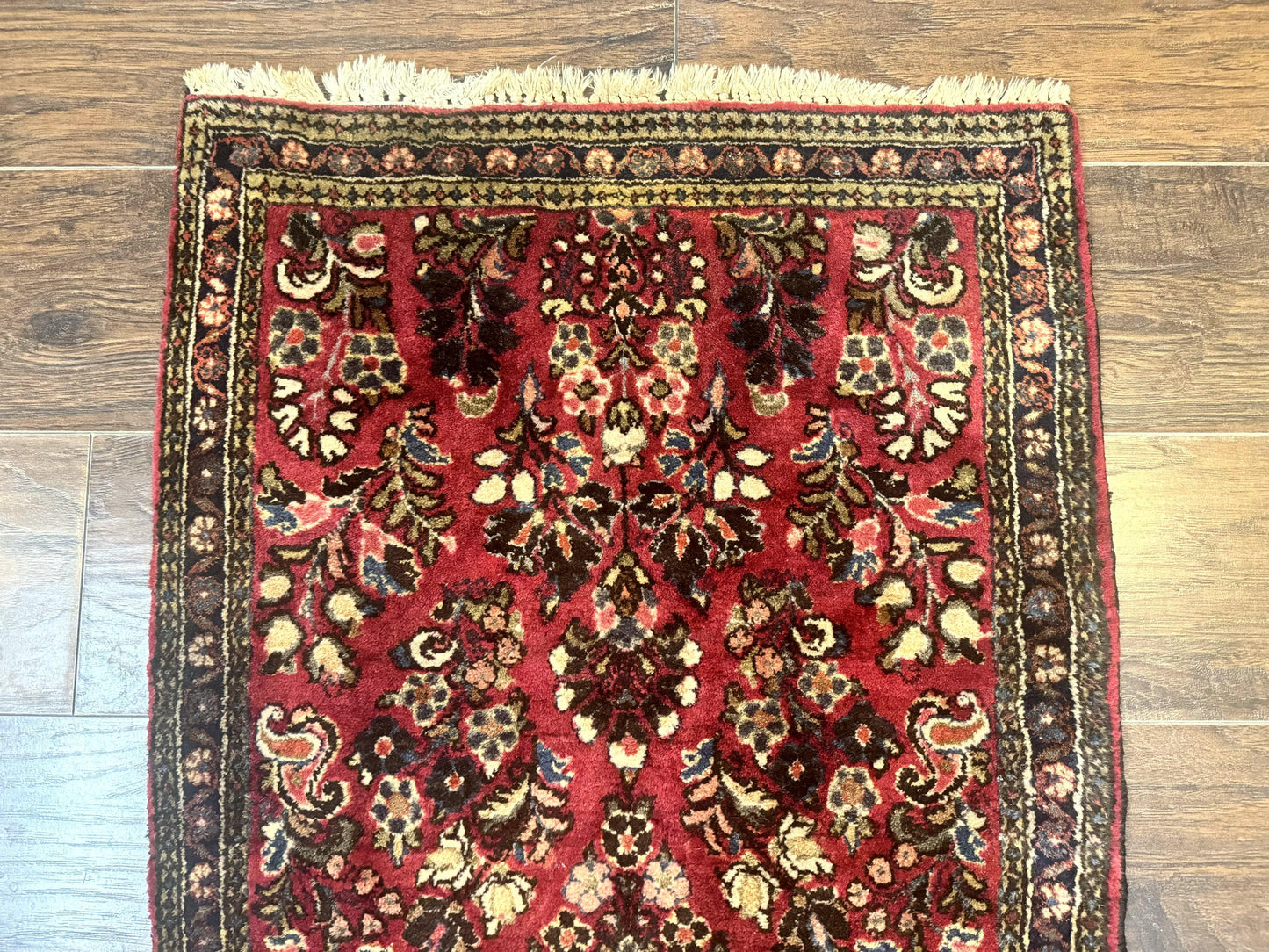 Small Persian Sarouk Rug 2x4, Floral, Red Hand Knotted Wool Traditional Oriental Carpet, Antique Persian Rug 2 x 4