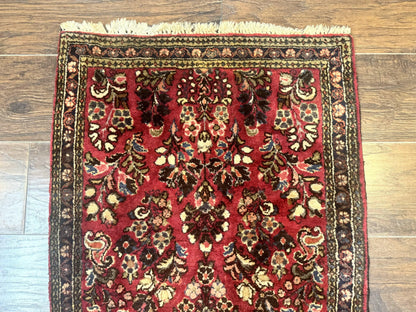 Small Persian Sarouk Rug 2x4, Floral, Red Hand Knotted Wool Traditional Oriental Carpet, Antique Persian Rug 2 x 4