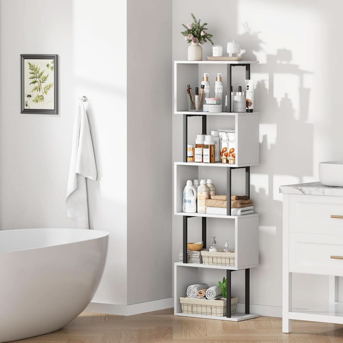 Five Tier Bookshelf White Bookcase Living Room Furniture