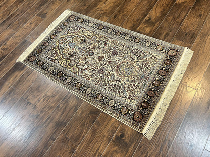 Turkish Kayseri Silk Rug 3x5, Tree of Life Silk Oriental Carpet, Birds Persian Vase Design, Hand Knotted Vintage Fine Rug, 340 KPSI