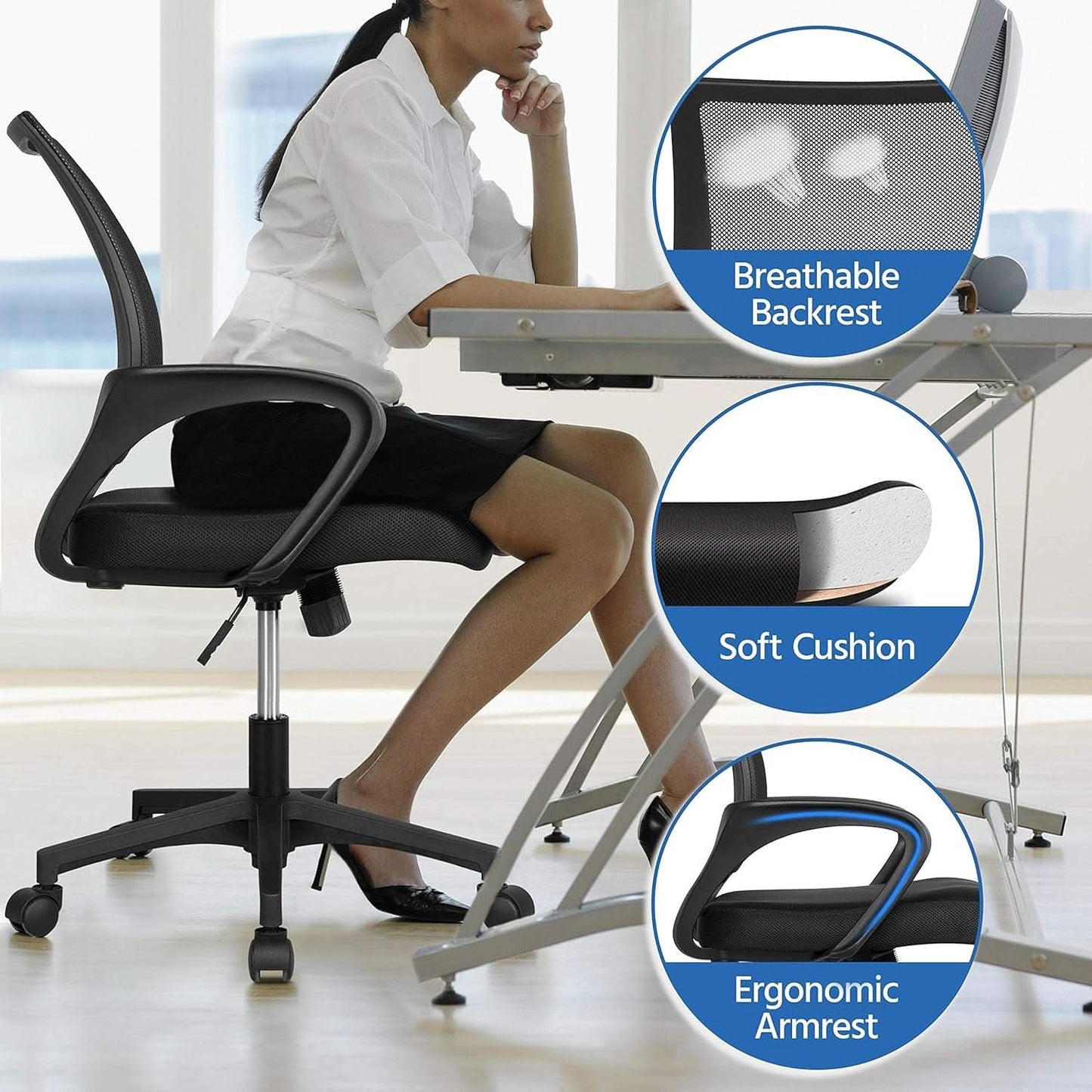 White 44 Inch Desk And Black Mesh Chair Set With Adjustable