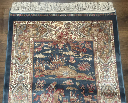 Turkish Silk Hunting Scene Rug 2.6 x 5, Dark Steel Blue & Ivory, Bamboo Silk, New