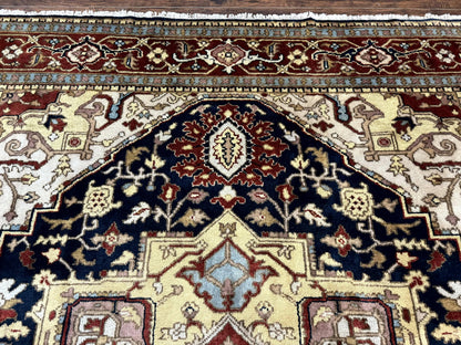 Indo Persian Heriz Rug 8x10, Geometric Medallion, Serapi Carpet, Wool Vintage Rug