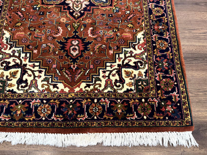Indo Persian Heriz Rug 4x6, Rust Red Navy Blue and Cream