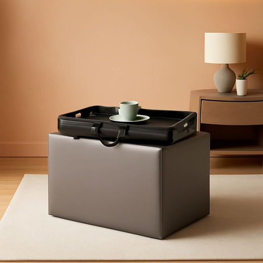 Gray Storage Ottoman With Reversible Tray Top Modern Design