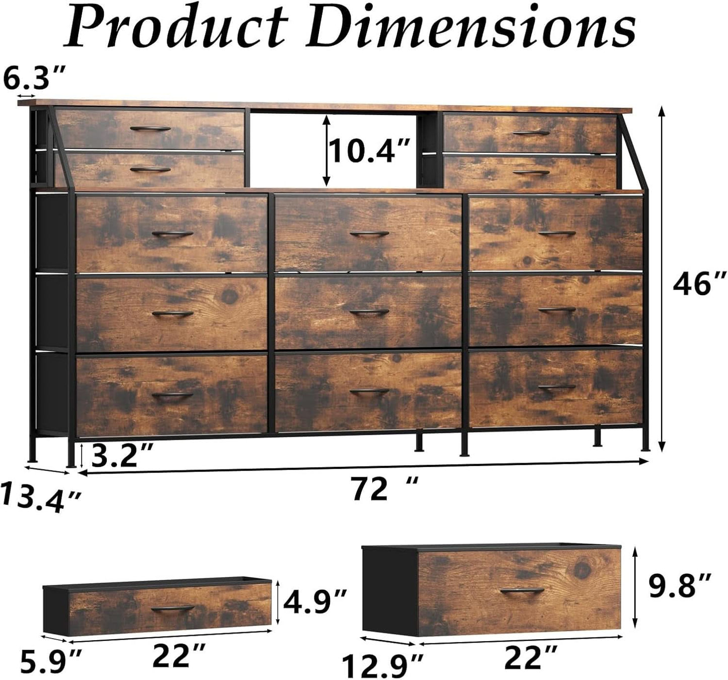 SeventyTwoInch Wide Dresser With Fabric Drawers RusticBrownWoodTop