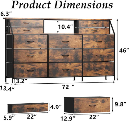 SeventyTwoInch Wide Dresser With Fabric Drawers RusticBrownWoodTop