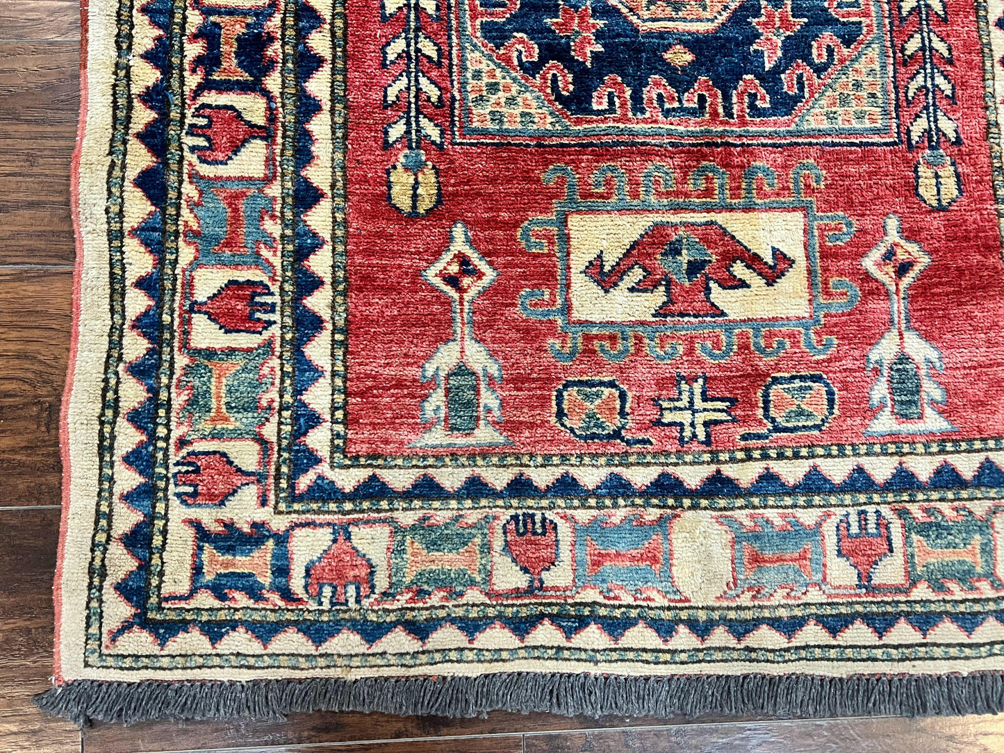 Turkish Kazak Rug 3x4, Wool Hand Knotted Small Vintage Carpet, Red Navy Blue, 3 x 4 Oriental Rug, Geometric Design