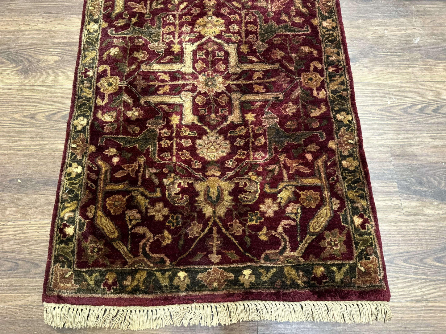 Indo Persian Runner Rug 2.7 x 13.8, Maroon, Wool, Handmade Indian Rug for Hallway