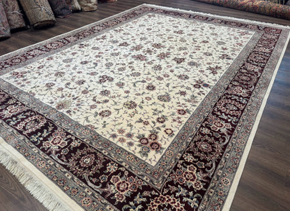 Sino Persian Rug 9x12, Floral Allover Design, 170 KPSI, Ivory and Dark Maroon