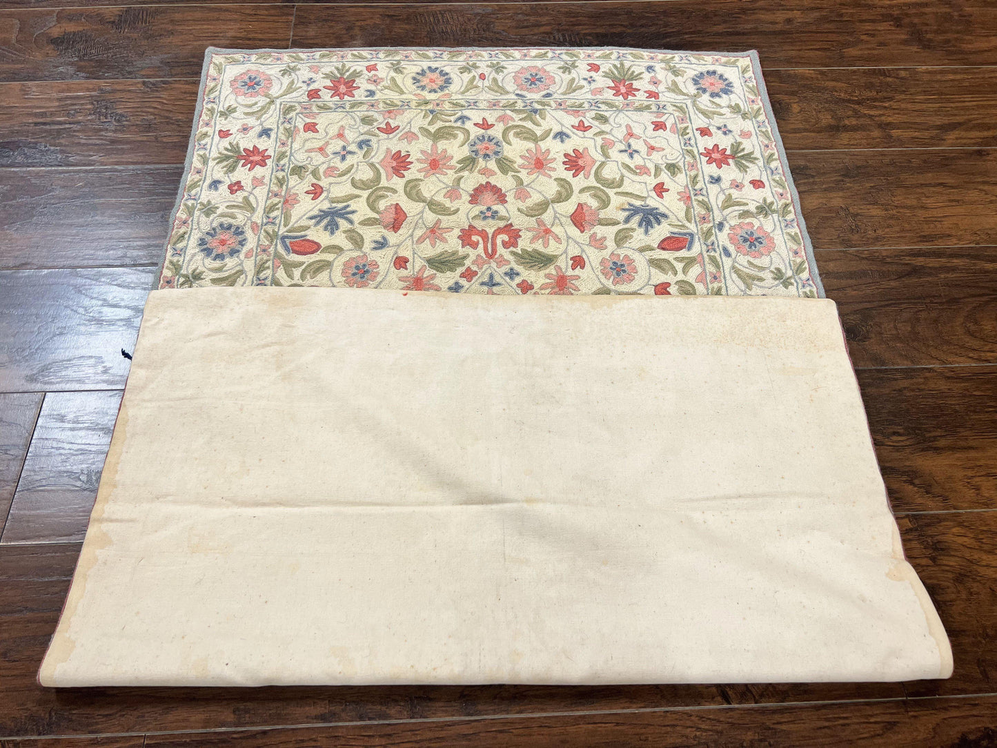 Hand Stitched Indian Rug 4x5, Floral, Vintage Hand Embroidered Rug