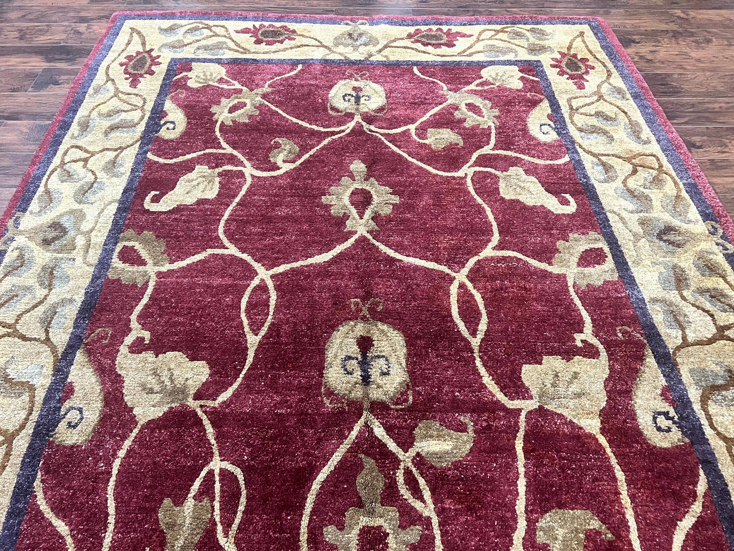 Tibetan Aubusson Rug 8x10, Maroon and Beige, Floral, Handmade, Wool, Vintage, Traditional Rug