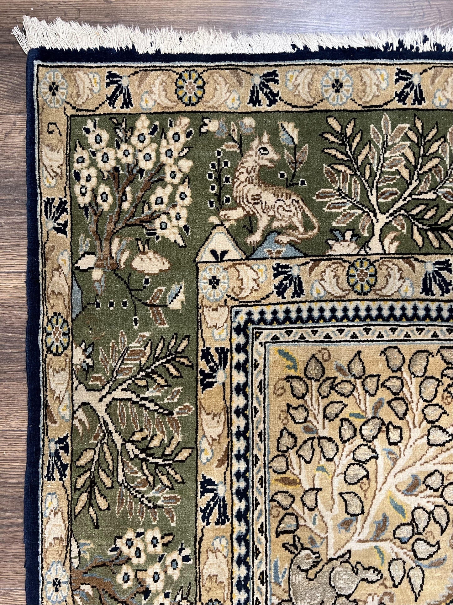 Wonderful Persian Qum Rug 6x9, Animal Pictorials, Tree of Life, Deer Birds, Hand Knotted Oriental Ghom Carpet, Semi Antique Vintage, Navy Blue Green