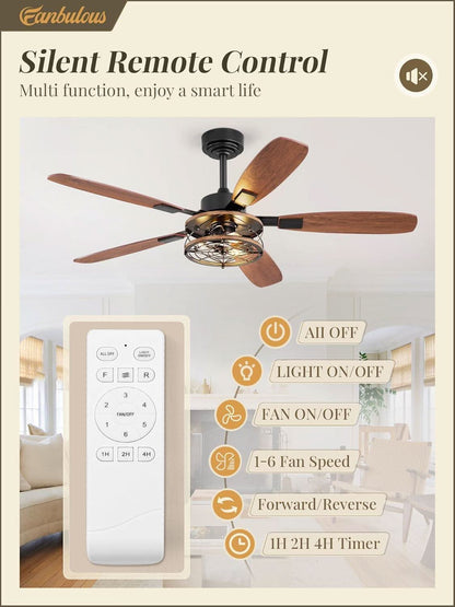 52 Inch Black Farmhouse Ceiling Fan With Light And Remote