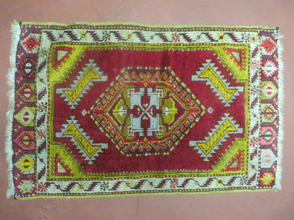 Antique Turkish Yastik Rug 2x3, Handmade Wool Oushak Small Oriental Carpet Red
