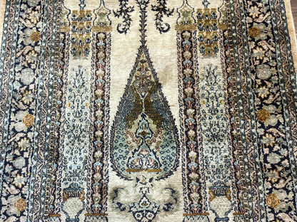 Silk Indian Kashmiri Rug 3x4, Very Fine 400 KPSI, Silk Prayer Rug, Handmade