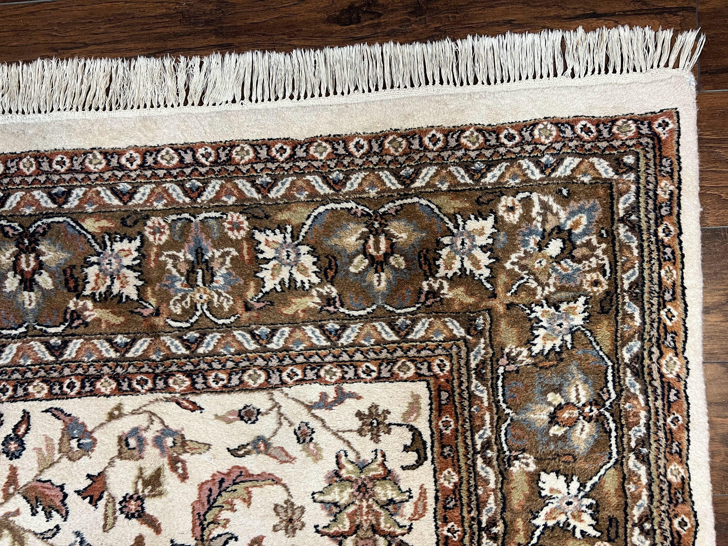 Indo Kirman Rug 8x12 Allover Floral Design, Ivory/Cream Brown, Vintage Handmade Hand Knotted Rug, Traditional Wool Persian Carpet 8 x 12