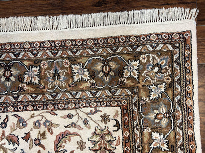 Indo Kirman Rug 8x12 Allover Floral Design, Ivory/Cream Brown, Vintage Handmade Hand Knotted Rug, Traditional Wool Persian Carpet 8 x 12