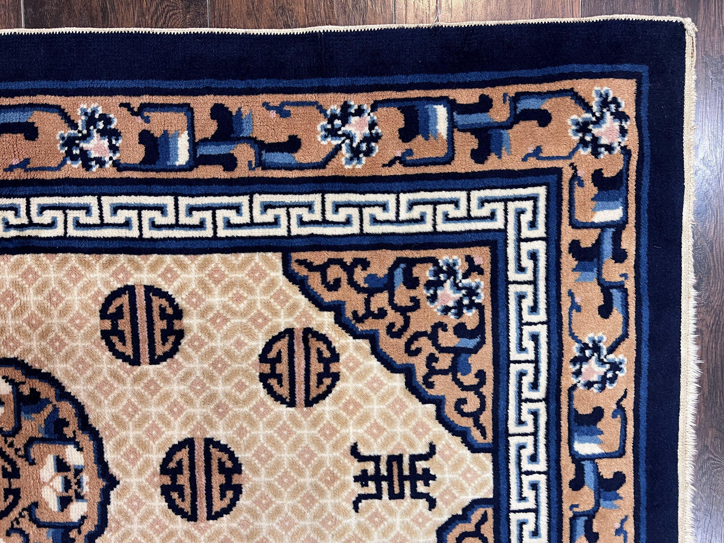 Chinese Peking Rug 3x5, Antique Chinese Art Deco Carpet, Blue Ivory Tan, Hand Knotted Wool Asian Oriental Rug 3 x 5 Vintage Small Peking Rug