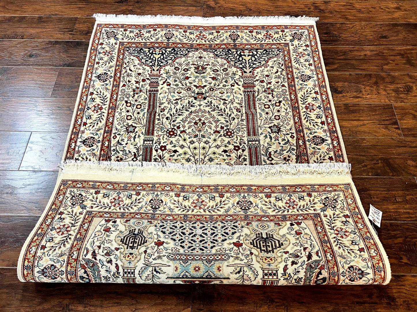 Pak Perisan Prayer Rug 4x6, Tree of LIfe Carpet, Handmade Vintage Wool Rug, Beige, Floral Vases