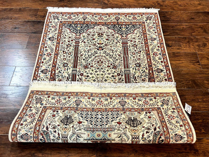 Pak Perisan Prayer Rug 4x6, Tree of LIfe Carpet, Handmade Vintage Wool Rug, Beige, Floral Vases