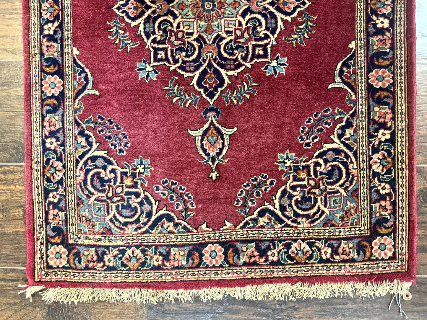 Small Persian Kashan Rug 2x3, Red and Navy Blue, Handmade Vintage Wool Semi Antique Persian Carpet, Semi Open Field