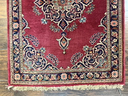 Small Persian Kashan Rug 2x3, Red and Navy Blue, Handmade Vintage Wool Semi Antique Persian Carpet, Semi Open Field