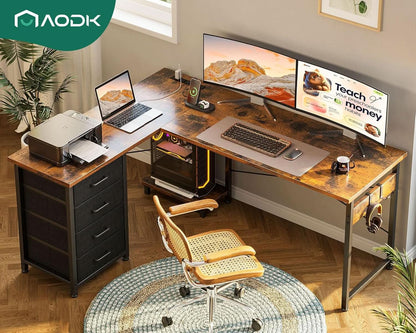 L Shaped Desk With USB Ports And 4 Drawers 53 Inch