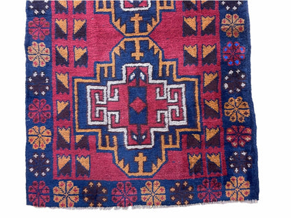 3 X 4.3 Vintage Handmade Tribal Wool Rug Balouch Rug Afghan Rug Red Blue Nice