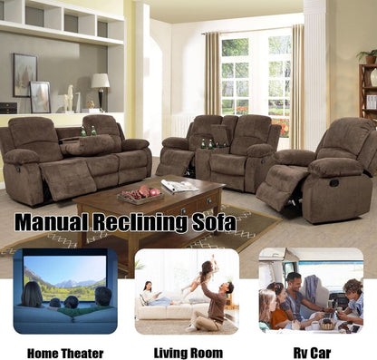 Recliner Sofa Set With Drop Down Table And Storage Console Brown Velvet