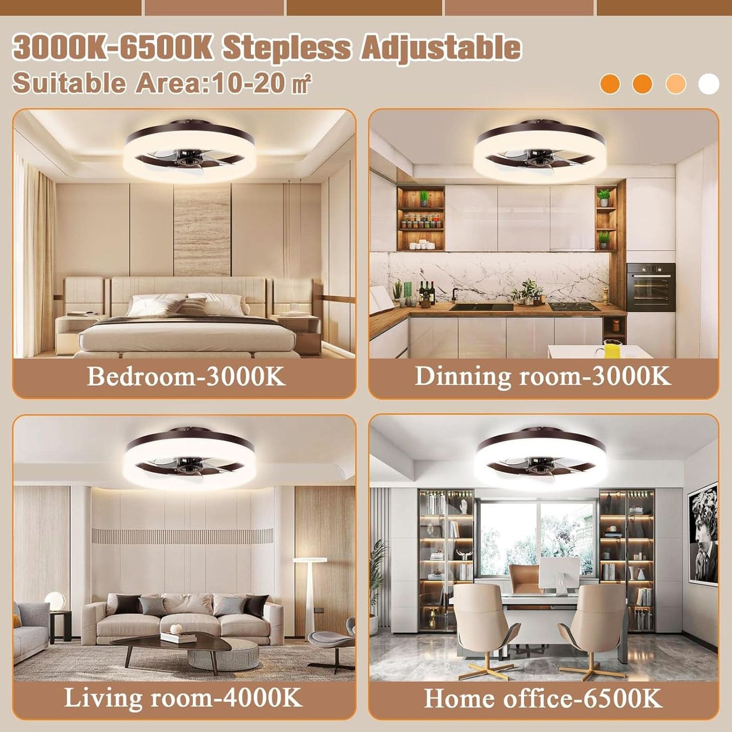 Brown Flush Mount Bladeless Fan Light With Dimmable LED