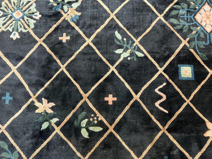 Tibetan Rug 9x12, Hand Knotted Tibet Nepali Contemporary Carpet 9 x 12 ft, Black and Tan, Handmade Area Rug Room Sized, Nepalese Rug