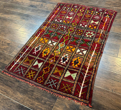 Moroccan Berber Tribal Rug 3x5, Geometric Area Rug, Red Orange Brown