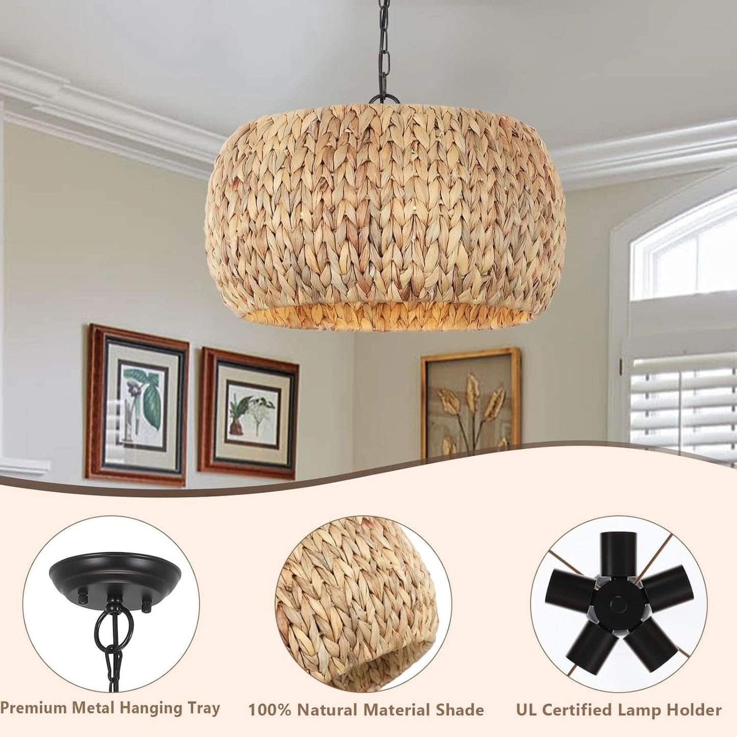 5 Light Farmhouse Rattan Chandelier Natural Water Hyacinth Shade
