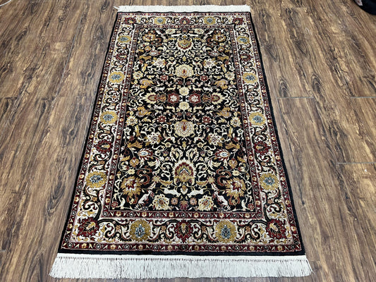 Sino Persian Silk Rug 3x5 Oriental Carpet 3 x 5 Fine Silk Rug, Black Ivory Gold, Animal Motifs, Flowers, High Quality, Vintage Silk Rug Wow