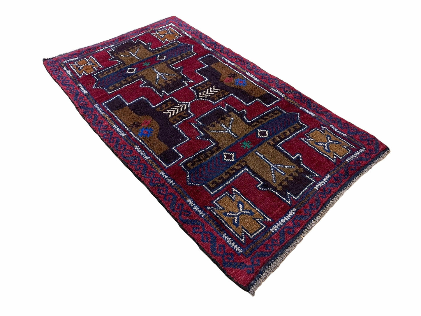 2' 10" X 4' 9" Vintage Handmade Tribal Wool Rug Balouchi Rug Afghan Rug Red Blue
