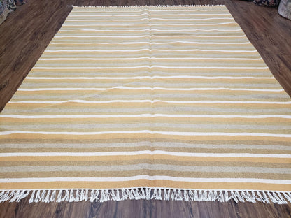 New Indian Kilim Area Rug, 6x8 - 7x8 South American Style Blanket, Striped Indian Wool Hand-Woven Flat Weave 6x9 Bedroom Rug, Ivory Ochre