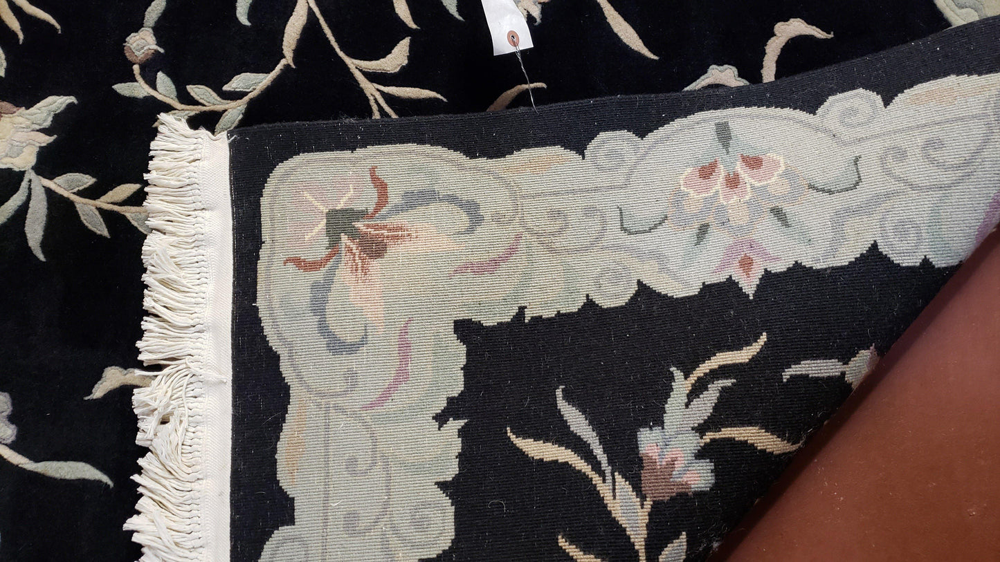 6x9 Vintage Black Gray Chinese Rug 120 Lines Wool Carpet Floral Design Hand-Knotted Soft Pile Entryway Rug Foyer Rug Nice