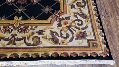 Nepal Rug 6x9, Nepalese Aubusson Area Rug 6 x 9, Hand-Knotted Wool Soft Pile Black & Beige Tibetan Aubusson New Carpet European Savonnerie