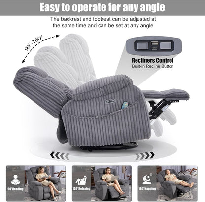 Grey Heated Massage Power Recliner With USB Port Charging