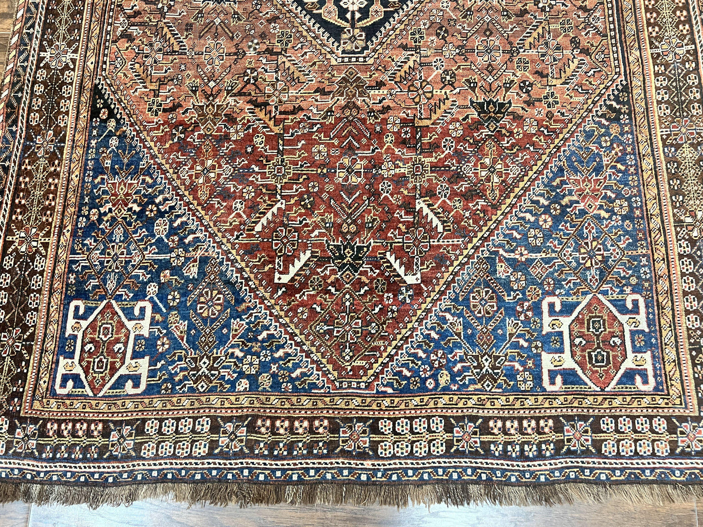 Antique Persian Shiraz Tribal Rug 6x8, Geometric Rug, Wool Handmade Hand Knotted Carpet, Red Blue