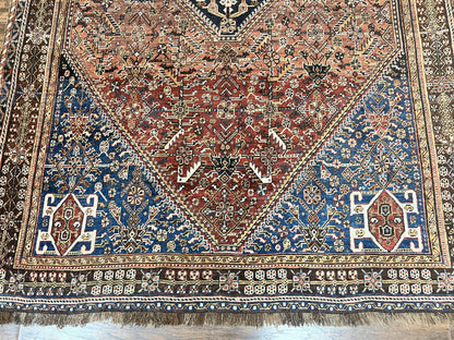 Antique Persian Shiraz Tribal Rug 6x8, Geometric Rug, Wool Handmade Hand Knotted Carpet, Red Blue