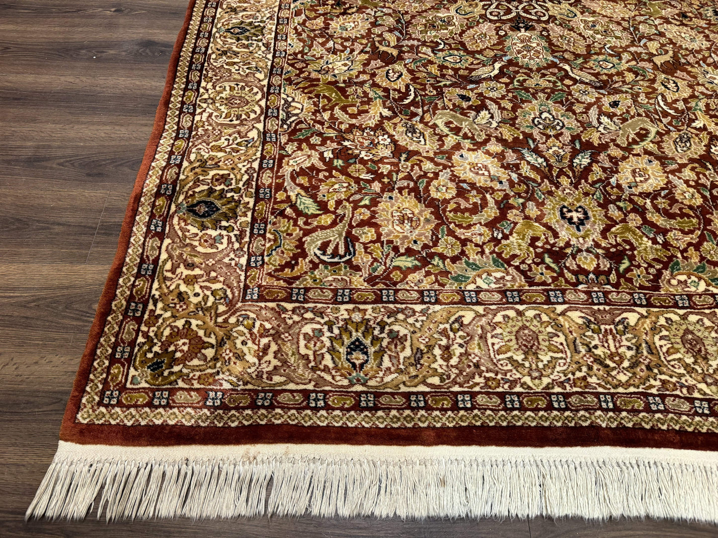 Tree of Life Indian Kashmiri Rug 6x9, Rust Red and Cream, Animal Pictorials, Fine 290 KPSI