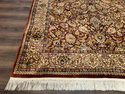 Tree of Life Indian Kashmiri Rug 6x9, Rust Red and Cream, Animal Pictorials, Fine 290 KPSI